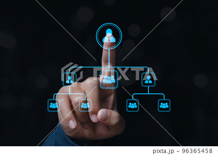 Hand touching screen, pushing on a icon connected together. 96365458