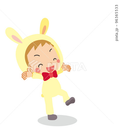 バンザイして喜ぶウサギの着ぐるみを着た可愛い小さな男の子のイラスト　白背景　全身　ベクター 96365533