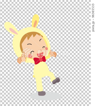 一個穿著兔子服裝的可愛小男孩的插圖，他很高興說再見 白色背景全身矢量 96365533