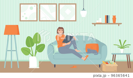 Home entertainment, isolation period, relax concept. Cozy interior living room with a cat. Girl on sofa reading a book. Stock vector illustration in cartoon flat style. Home entertainment, isolation period, relax concept. Cozy interior living room with a cat. Girl on sofa reading a book. Stock vector illustration in cartoon flat style. 96365641