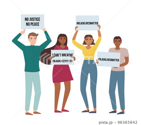 Crowd protest with posters against violence. Black lives matters, anti-racism demonstration, miting, activism, concept. Stock vector illustration in flat cartoon style isolated on white. Crowd protest with posters against violence. Black lives matters, anti-racism demonstration, miting, activism, concept. Stock vector illustration in flat cartoon style isolated on white. 96365642