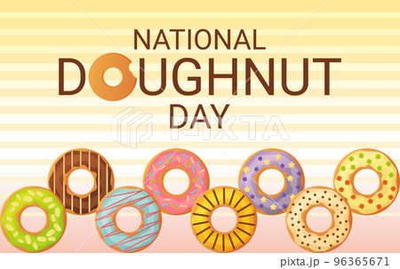 National Donut Day banner. 5th june. Can be used for web. Stock vector illustion in flat cartoon style. National Donut Day banner. 5th june. Can be used for web. Stock vector illustion in flat cartoon style. 96365671