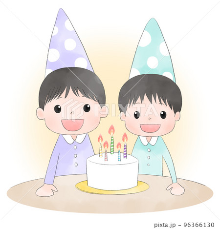 背景あり 兄弟とバースデーケーキのイラスト(水彩風) 背景あり 兄弟とバースデーケーキのイラスト(水彩風) 96366130