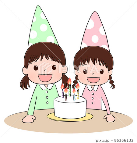 背景なし　姉妹とバースデーケーキのイラスト（アニメ塗り） 96366132