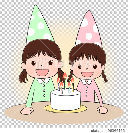 背景あり　姉妹とバースデーケーキのイラスト（アニメ塗り） 96366133