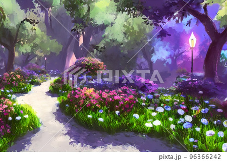 Enchanted garden. A magical garden with a path, flowers, trees , Fantasy world. Idyllic tranquil morning 96366242