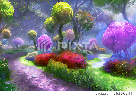 Enchanted garden. A magical garden with a path, flowers, trees , Fantasy world. Idyllic tranquil morning Enchanted garden. A magical garden with a path, flowers, trees , Fantasy world. Idyllic tranquil morning 96366244