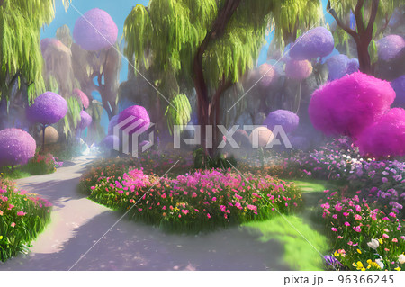 Enchanted garden. A magical garden with a path, flowers, trees , Fantasy world. Idyllic tranquil morning Enchanted garden. A magical garden with a path, flowers, trees , Fantasy world. Idyllic tranquil morning 96366245