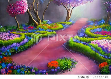Enchanted garden. A magical garden with a path, flowers, trees , Fantasy world. Idyllic tranquil morning 96366246