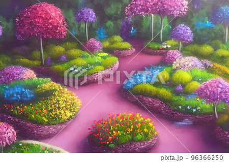 Enchanted garden. A magical garden with a path, flowers, trees , Fantasy world. Idyllic tranquil morning Enchanted garden. A magical garden with a path, flowers, trees , Fantasy world. Idyllic tranquil morning 96366250