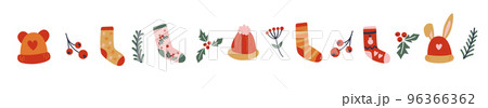 Set of warm cozy winter clothes design. Knit and winter fashion, winter socks, hat with bunny ears. 96366362
