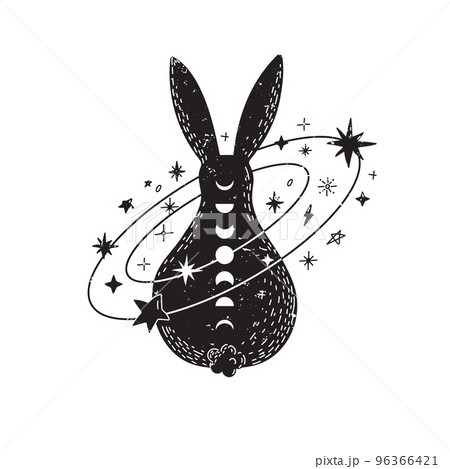 Magic rabbit with stars and space in Scandinavian style. Minimalist mystic hare. Black and white. 96366421