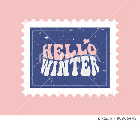Retro 60s 70s Christmas New Year postal stamp card. Hippie Groovy Xmas sign Hello Winter. 96366445