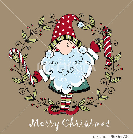 Cute Christmas gnome with gifts in Doodle style. Greeting card. Vector. 96366780