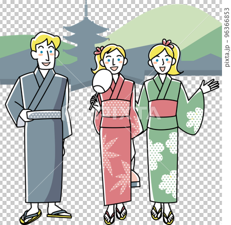 穿著浴衣微笑的外國遊客男女 96366853