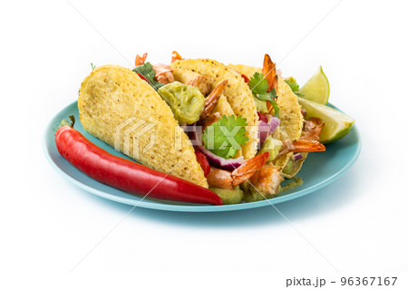 Mexican tacos wih shrimp,guacamole and vegetables isolated on white background Mexican tacos wih shrimp,guacamole and vegetables isolated on white background	 96367167