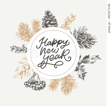 Merry Christmas and Happy New Year Abstract Botanical Card with Square Frame Banner and Modern Typography. Green and Pink Pastel Colors Greeting Layout. Isolated. Merry Christmas and Happy New Year Abstract Botanical Card with Square Frame Banner and Modern Typography. Green and Pink Pastel Colors Greeting Layout. Isolated. 96367346