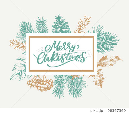 Merry Christmas and Happy New Year Abstract Botanical Card with Square Frame Banner and Modern Typography. Green and Pink Pastel Colors Greeting Layout. Isolated. Merry Christmas and Happy New Year Abstract Botanical Card with Square Frame Banner and Modern Typography. Green and Pink Pastel Colors Greeting Layout. Isolated. 96367360