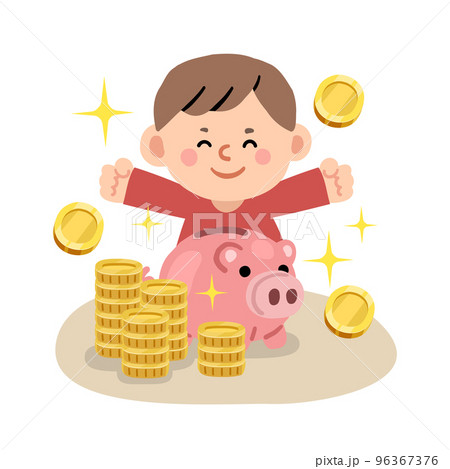 boy very happy with a lot of coins and piggy bank boy very happy with a lot of coins and piggy bank 96367376