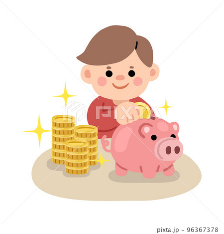 boy putting coin into piggy bank for saving money 96367378