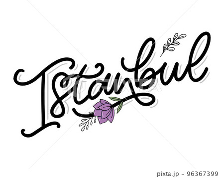 Istanbul. Hand lettering. Vector logo of Istanbul in black color with seagulls on white background. souvenir products, banner emblem, travel blog social media, brochure, flyer. Digital illustration. 96367399