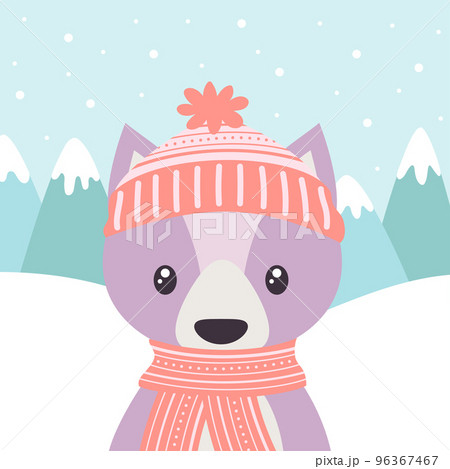 cartoon winter card of wolf on snow background 96367467