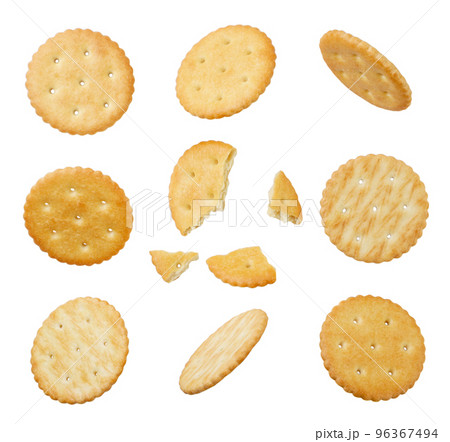 Set of round crackers and broken cut out on a white background. 96367494