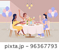 Hen party celebration flat color vector illustration. Women sitting at served table. Festive event with friends. Fully editable 2D simple cartoon characters with restaurant on background 96367793