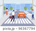 Pedestrians on city street flat color vector illustration. Daily citizens life. Crossroad in large town. Urban landscape. Fully editable 2D simple cartoon characters with cityscape on background 96367794