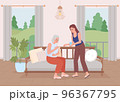 Young woman taking care of grandmother flat color vector illustration. Heart attack symptoms. Problems with breathing. Fully editable 2D simple cartoon characters with home interior on background 96367795