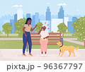 Woman helping old lady with headache flat color vector illustration. Unexpected migraine attack. Health problem. Fully editable 2D simple cartoon characters with summer park on background 96367797