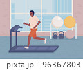 Sportsman training on treadmill flat color vector illustration. Healthy and active life. Technology in gym. Fully editable 2D simple cartoon character with athletic club on background 96367803
