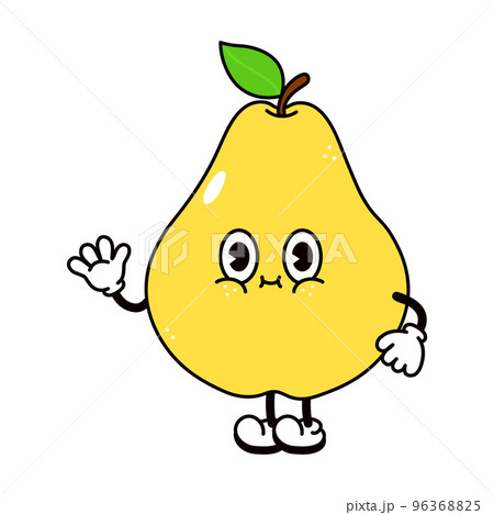 Cute funny pear waving hand character. Vector hand drawn traditional cartoon vintage, retro, kawaii character illustration icon. Isolated on white background. Pear character concept 96368825