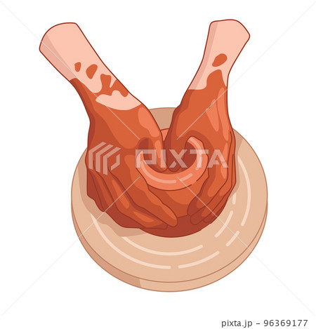 Masters hands work with red clay on potters wheel. Vector realistic illustration Masters hands work with red clay on potters wheel. Vector realistic illustration 96369177