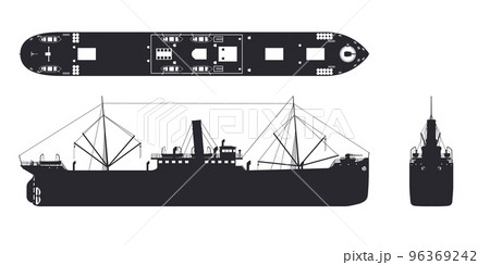 Steamer black silhouette. Steamship industrial blueprint. Ship view top, side and front. Isolated steamboat drawing. Cargo water transport Steamer black silhouette. Steamship industrial blueprint. Ship view top, side and front. Isolated steamboat drawing. Cargo water transport 96369242