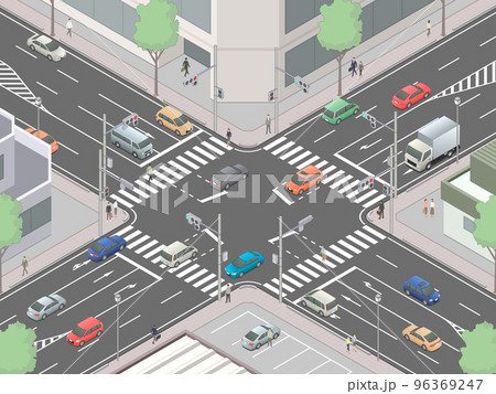 アイソメトリック図法で描いた信号交差点のイメージ[F]（市街地-01） 96369247