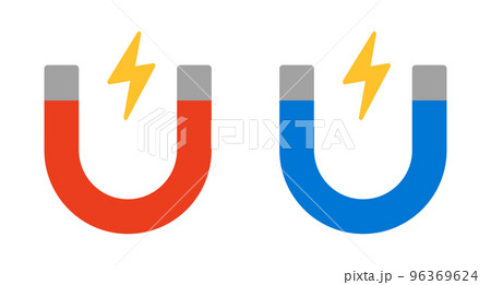 赤と青のマグネットアイコンセット。U字磁石と電気。ベクター。 96369624
