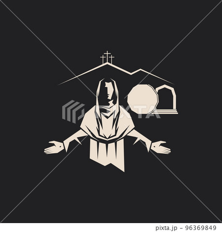 Resurrected Jesus Christ. An empty tomb and a rolled stone. Three crosses on Golgotha. Easter vector illustration. 96369849