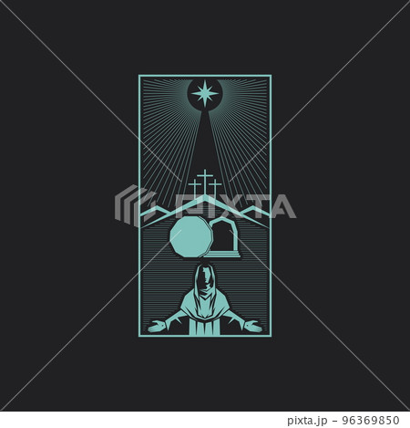 Resurrected Jesus Christ. An empty tomb and a rolled stone. Three crosses on Golgotha. Easter vector illustration. 96369850