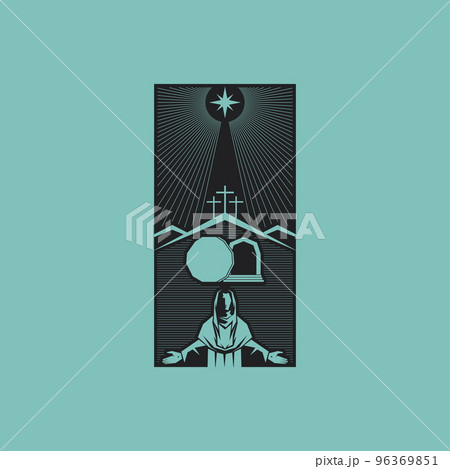 Resurrected Jesus Christ. An empty tomb and a rolled stone. Three crosses on Golgotha. Easter vector illustration. Resurrected Jesus Christ. An empty tomb and a rolled stone. Three crosses on Golgotha. Easter vector illustration. 96369851