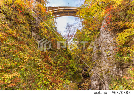 (宮城県)鳴子峡・紅葉最盛期の遊歩道から大深沢橋を見上げる (宮城県)鳴子峡・紅葉最盛期の遊歩道から大深沢橋を見上げる 96370308