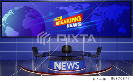 glass table and chairs on stand  with led screen background in the news studio room.3d rendering. 96370377