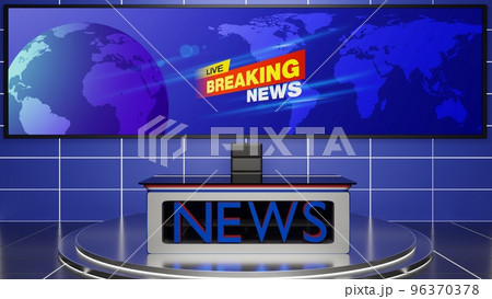glass table and chairs on stand  with led screen background in the news studio room.3d rendering. 96370378