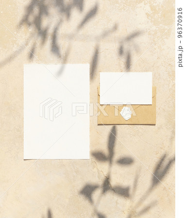 Blank cards on concrete table with olive tree branches and hard shadows, wedding mockup Blank cards on concrete table with olive tree branches and hard shadows, wedding mockup 96370916