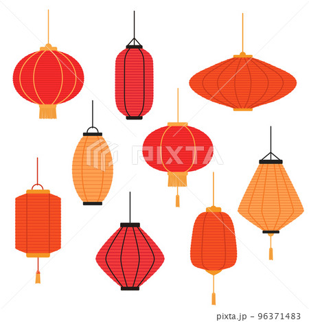 Set of lanterns in asian style. Chinese New Year decorations. Vector illustration 96371483