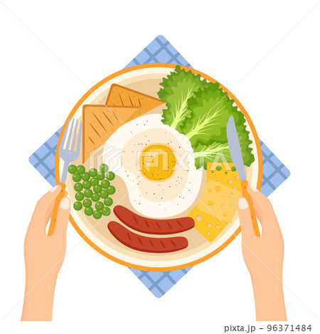 Hands holding fork and knife. Plate with fried egg, peas, sausages, greens, cheese and bread, vector illustration 96371484
