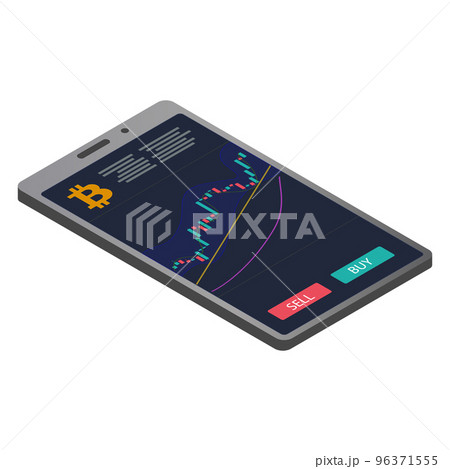 Isometric smartphone with bitcoin chart and buy and sell buttons isolated on white. Japanese candles on the chart. For websites or applications on the phone. Vector EPS 10. 96371555