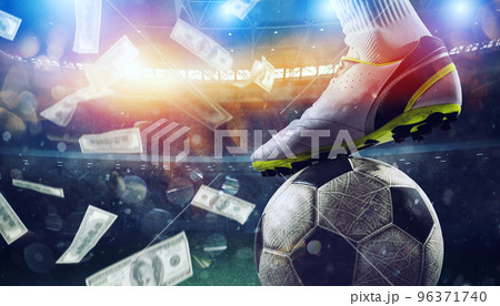 Soccer player in stadium with falling banknotes of bettors 96371740
