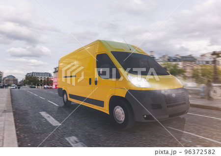 Transportation service with a yellow van moving fast on the road Transportation service with a yellow van moving fast on the road 96372582