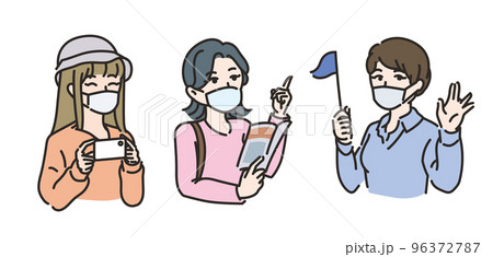 マスクをつけた旅行客とツアーガイド 96372787